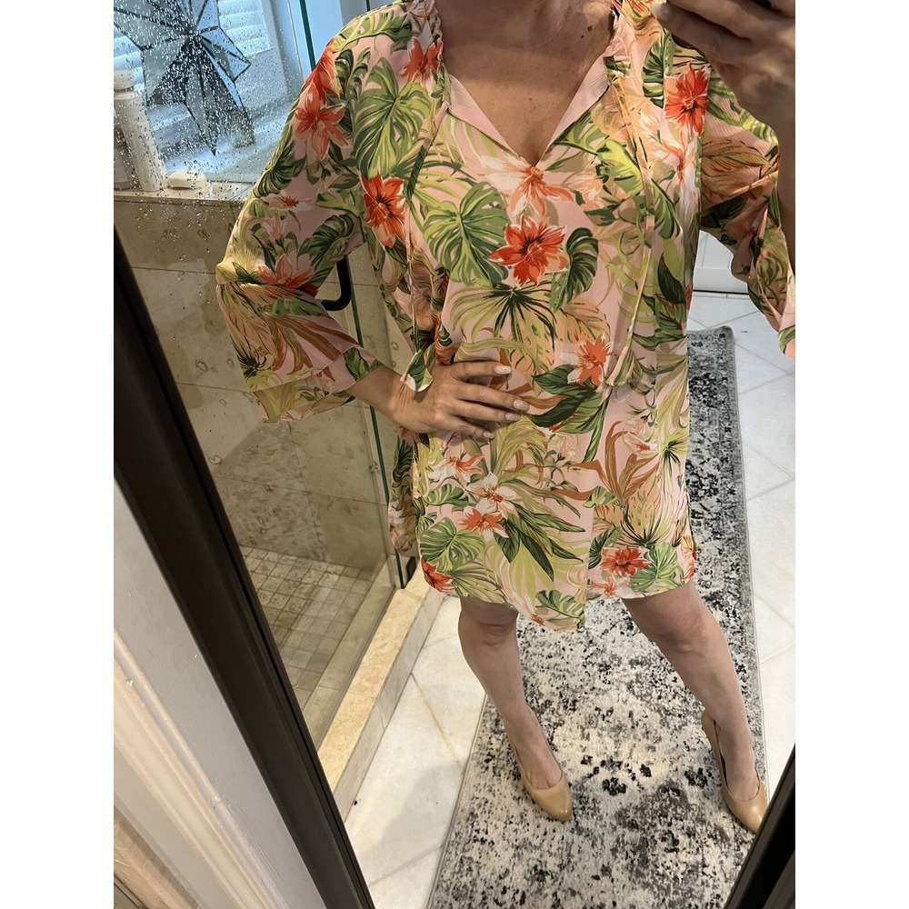 J. Jill Pink Tropical Floral Chiffon Tunic Bell Sleeve Mini Dress Medium